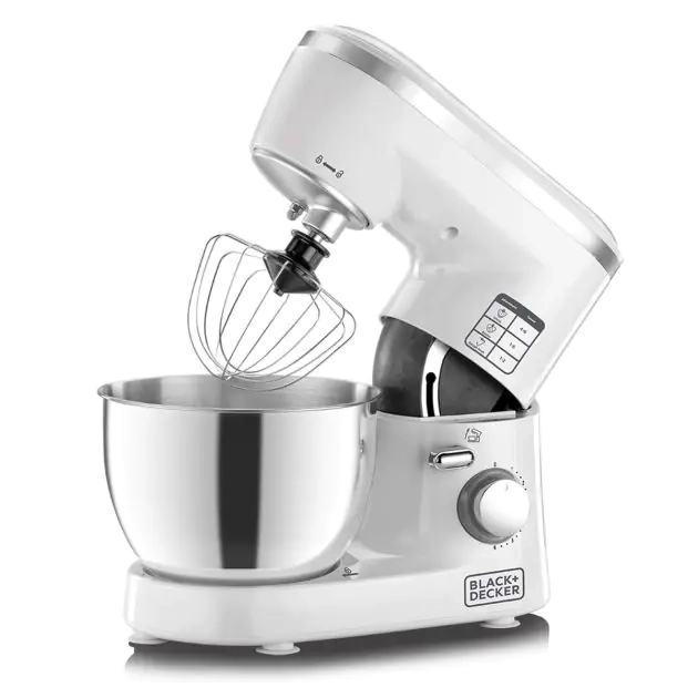 robot-pâtissier-avec-grand-bol-en-acier-inoxydable---black-&-decker---sm1000-b5---1000-watts---4-litres---blanc---garantie-03-mois