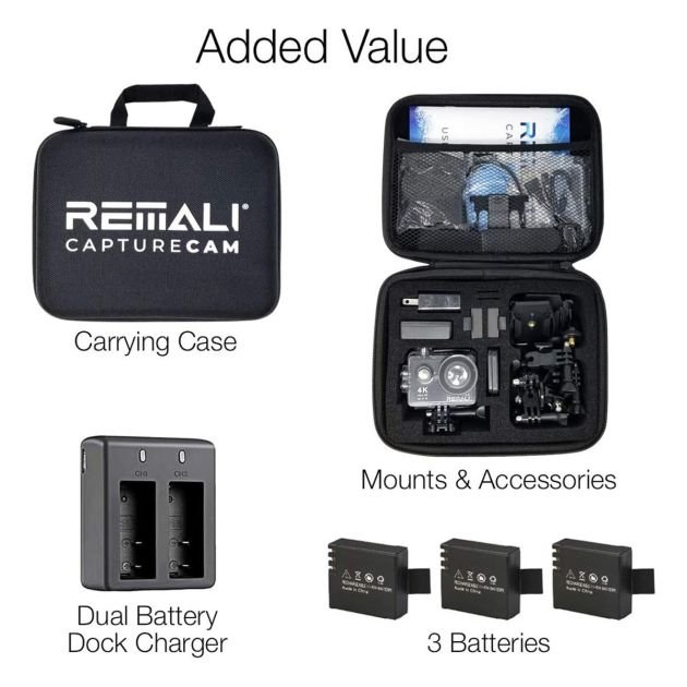 capturecam-4k-ultra-hd-et-kit-de-caméra-d'action-sportive-étanche---12-mp---ecran-lcd-2"---avec-étui-de-transport,-3-batteries,-double-chargeur-de-batterie---6-mois