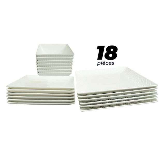 ensemble-d'assiettes-en-porcelaine-avec-bordure-à-carreaux---18-pièces---céramique---blanc/marron