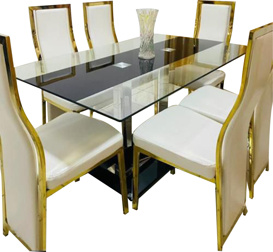 salle-à-manger-moderne-6-places-en-verre-trempé-et-finition-dorée-—-un-design-chic,-durable-et-confortable-pour-sublimer-votre-intérieur.