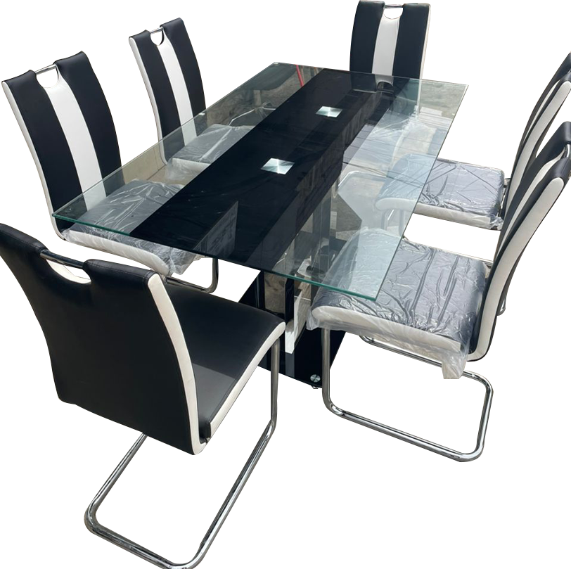 salle-à-manger-moderne-6-places-en-verre-trempé-avec-chaises-bicolores-noir-et-blanc-–-élégance,-confort-et-solidité-pour-un-intérieur-chic-et-contemporain.