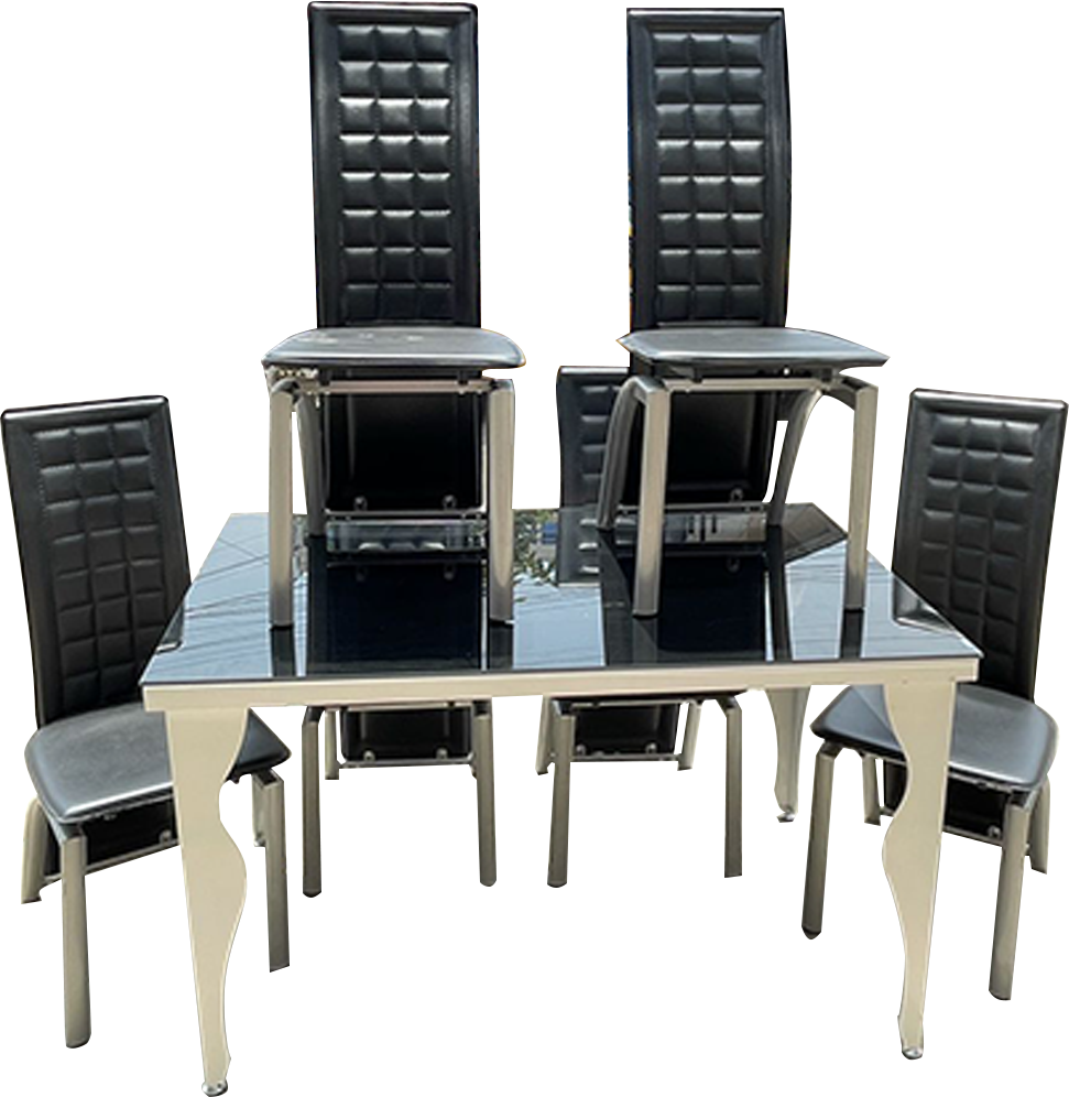 salle-à-manger-moderne-6-places-en-verre-trempé-avec-chaises-bicolores-noir-et-gris-–-élégance,-confort-et-solidité-pour-un-intérieur-chic-et-contemporain.