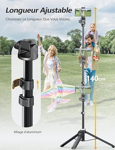 trépied-selfie-stick---eocean---140cm-compatible-iphone-téléphone-android---avec-télécommande-rechargeable-et-kit-de-connecteur-d'appareil-photo,-portable-et-compact