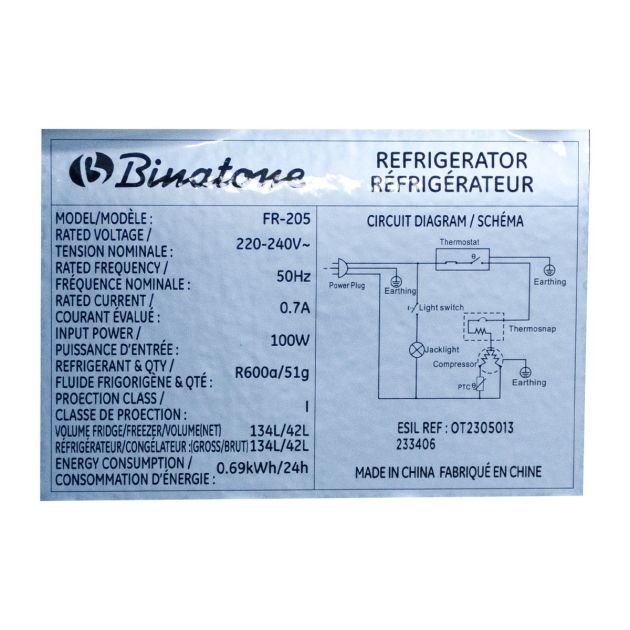 réfrigérateur-combiné-binatone---fr205---capacité-176-litres---2-portes---3-tiroirs---classe-énergétique-t---gris---6-mois-de-garantie