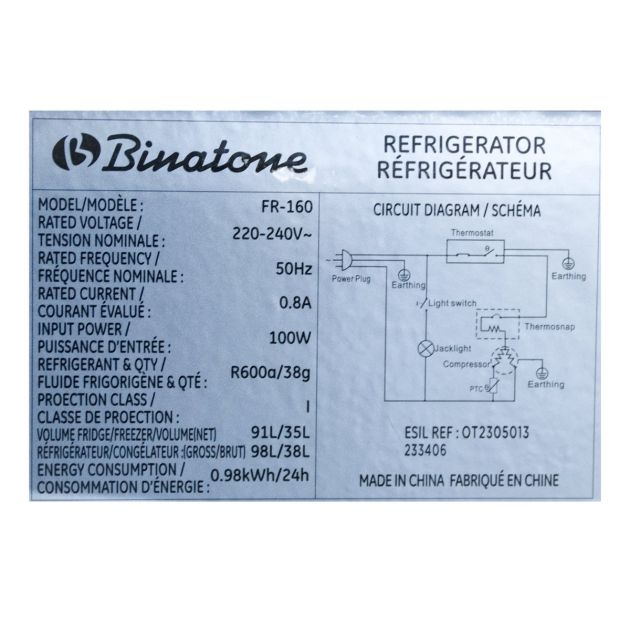 réfrigérateur-combiné-binatone---fr-160---capacité-totale-126-litres---2-portes---3-tiroirs---classe-énergétique-t---garantie-6-mois