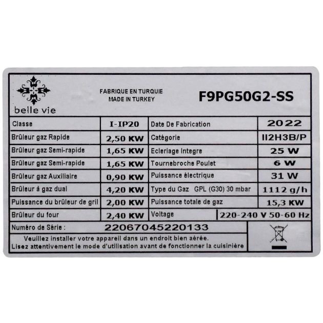 cuisinière-à-gaz---5-feux---belle-vie---60-x-90-cm---port-bouteille-à-gaz---argent---garantie-de-6-mois