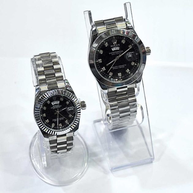 montre-couple-en-acier-inoxydable-de-marque-rolex-argent