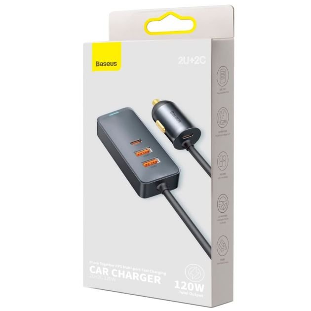 chargeur-de-voiture-multiport-à-charge-rapide---baseus-120-w-avec-extension-de-prise-de-voiture---4-ports-avec-2-usb-qc-3.0---2-ports-usb-c