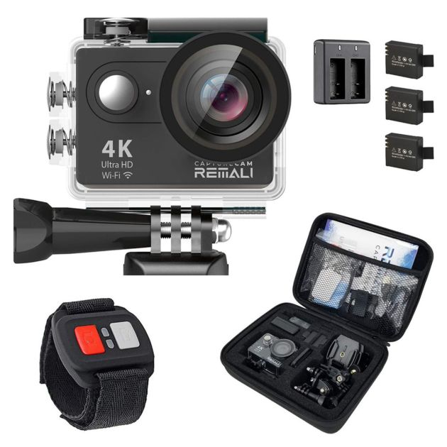 capturecam-4k-ultra-hd-et-kit-de-caméra-d'action-sportive-étanche---12-mp---ecran-lcd-2"---avec-étui-de-transport,-3-batteries,-double-chargeur-de-batterie---6-mois