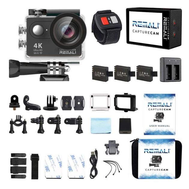 capturecam-4k-ultra-hd-et-kit-de-caméra-d'action-sportive-étanche---12-mp---ecran-lcd-2"---avec-étui-de-transport,-3-batteries,-double-chargeur-de-batterie---6-mois