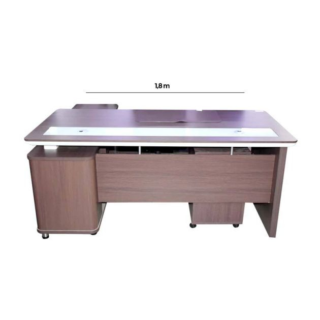 table-de-bureau-de-1,8-mètres---table-en-mélaminé---avec-panneau-en-verre-et-2-tiroirs---marron
