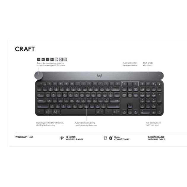 clavier-sans-fil-logitech-craft-2.4ghz-et-bluetooth,-cadran-de-saisie-programmable,-multi-appareils,-touches-rétroéclairées-automatiques,-rechargeable-qwerty-(-livré-entre-3-5-jours-)