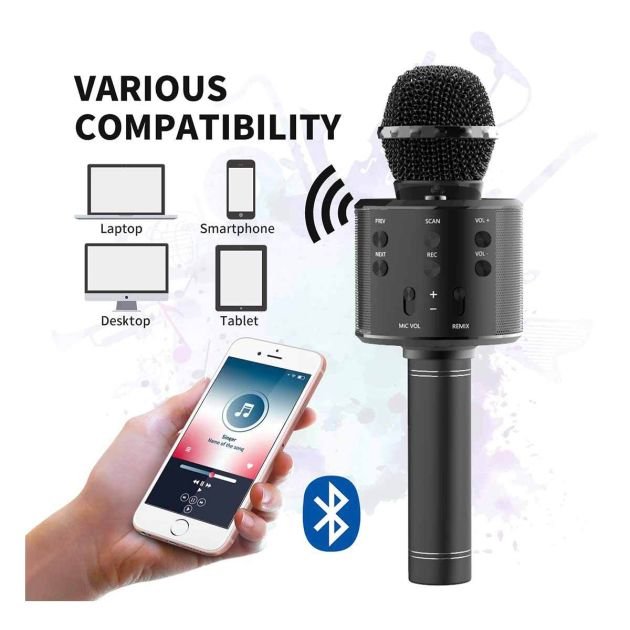 microphone-de-karaoké-sans-fil-bluetooth---micro-rechargeable---pour-enfants-et-adultes---noir---6-mois-de-garantie