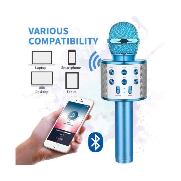 microphone-de-karaoké-sans-fil-bluetooth---micro-rechargeable---pour-enfants-et-adultes---bleu---6-mois-de-garantie