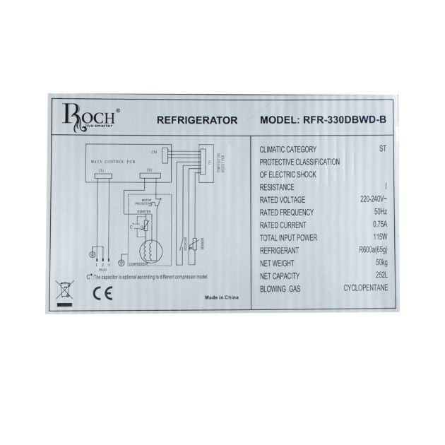 réfrigérateur-combiné---roch---rfr-330-dbwd--b---252l-nofrost-avec-distributeur-d'eau---gris---garantie-6-mois