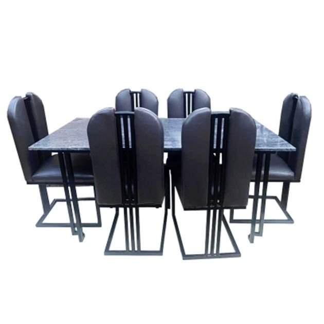 table-à-manger-effet-marbre-+-6-chaises-en-velours-avec-pieds-en-acier-inoxydable---noir
