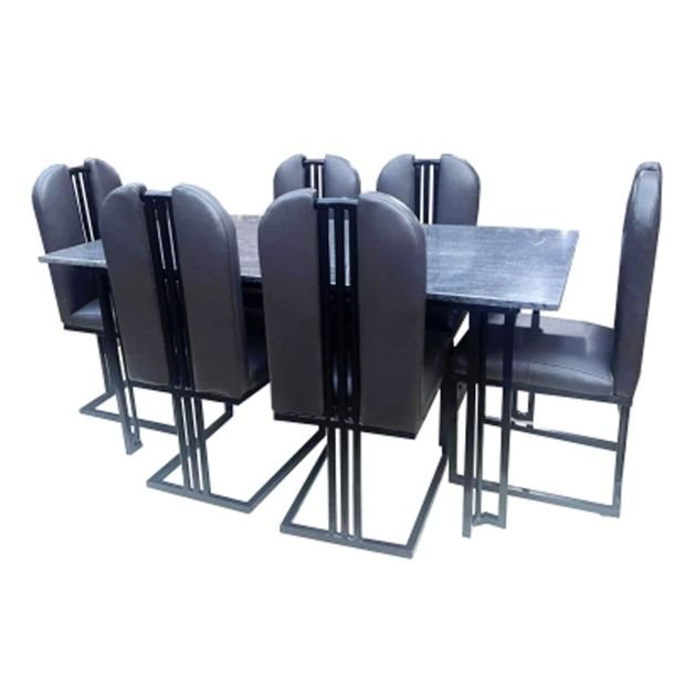 table-à-manger-effet-marbre-+-6-chaises-en-velours-avec-pieds-en-acier-inoxydable---noir