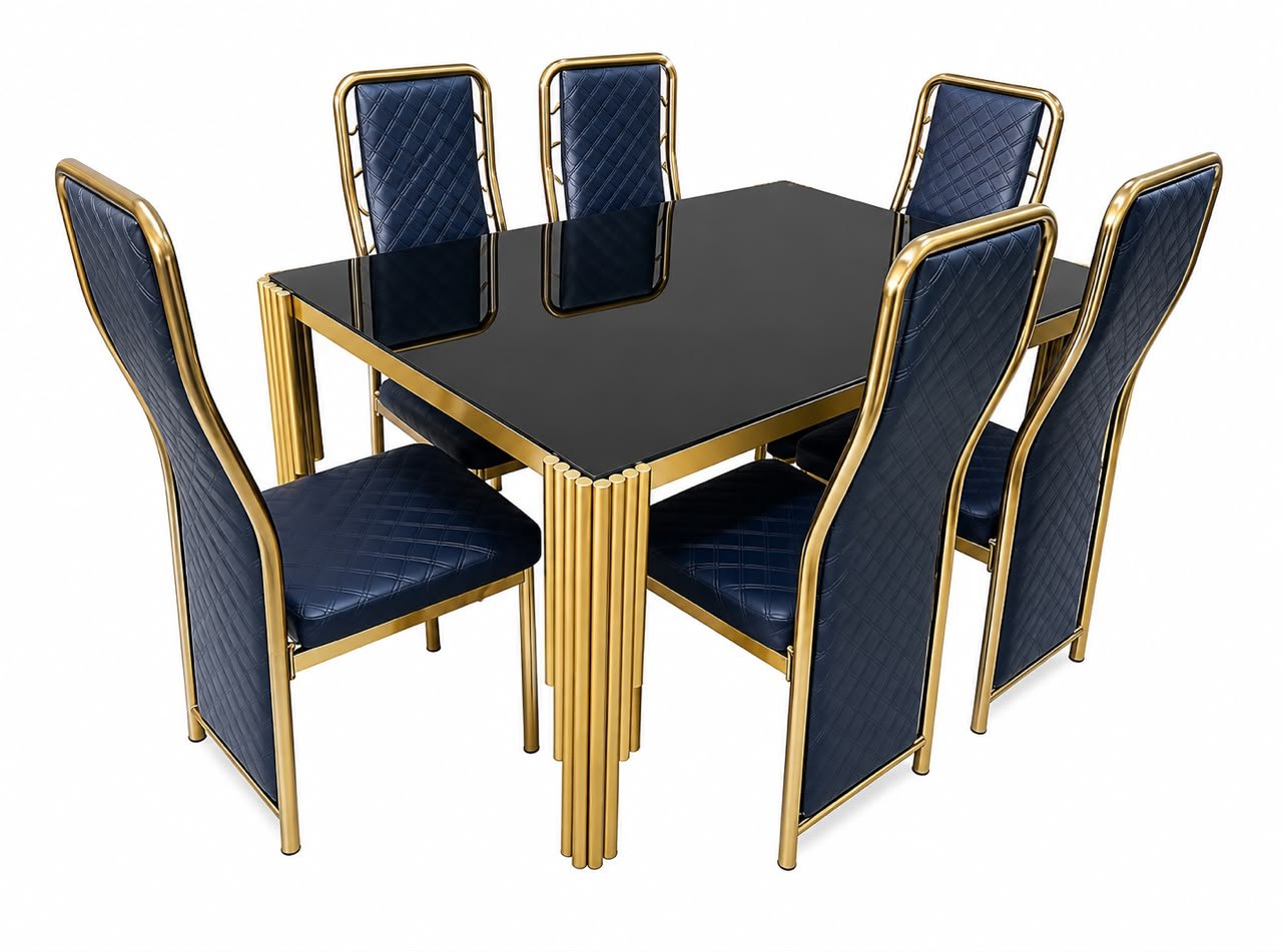 ensemble-table-a-manger-6-chaises-design-luxe-dore-plateau-noir-et-assises-bleu-marine-8289