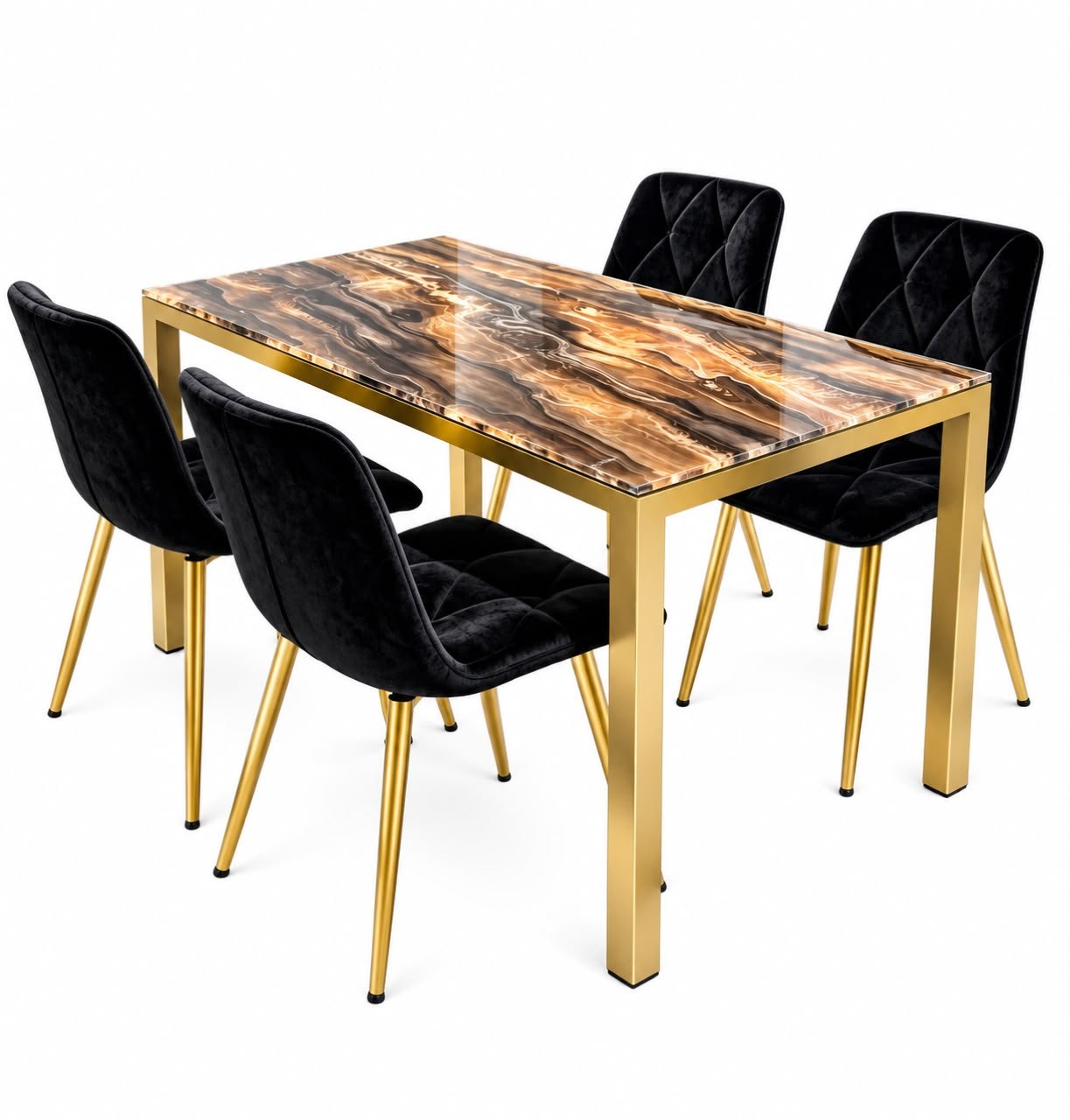 ensemble-table-a-manger-effet-agate-doree-4-chaises-velours-noir-8290