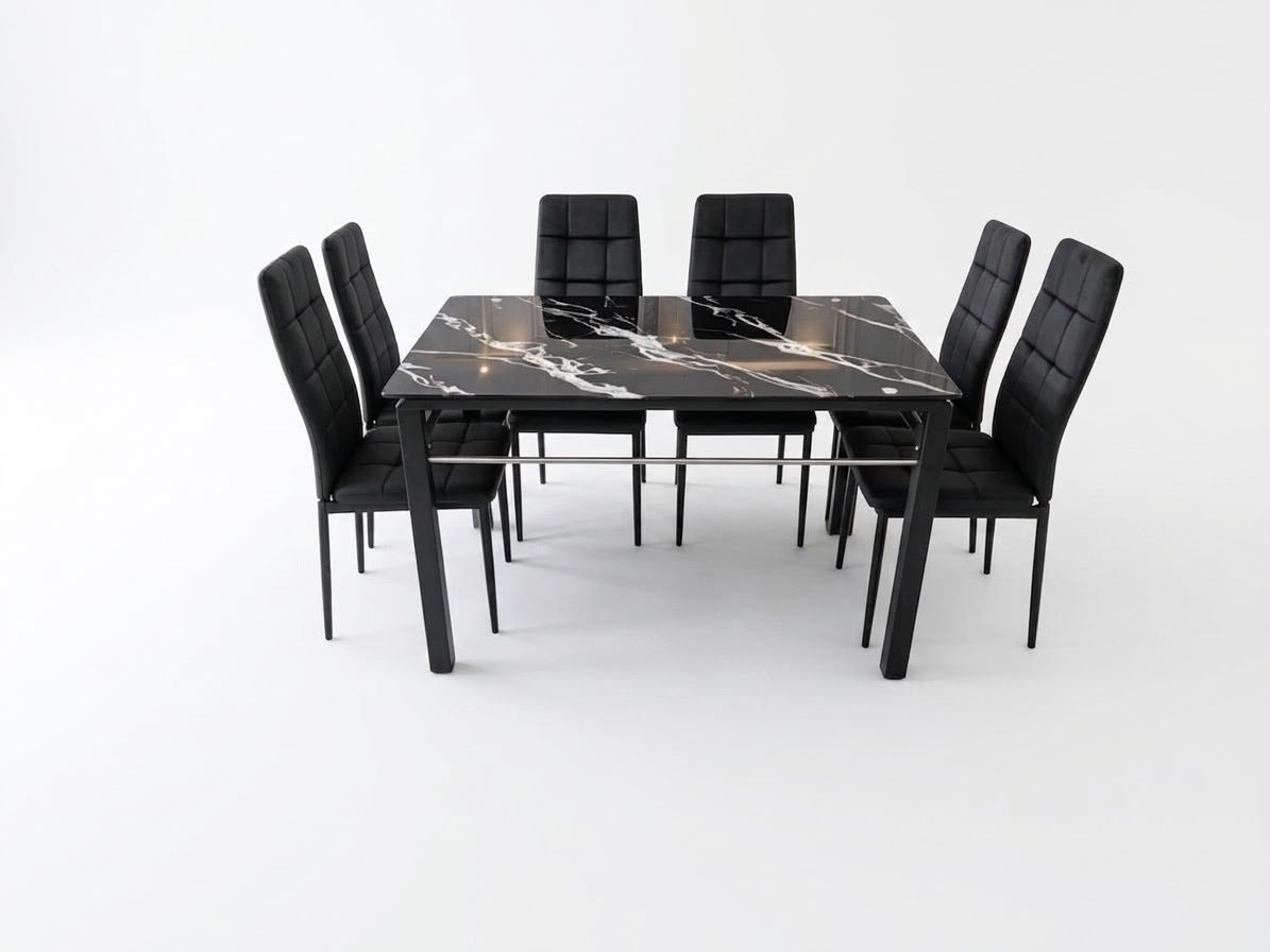 ensemble-table-a-manger-marbre-noir-6-chaises-quadrillees-8496