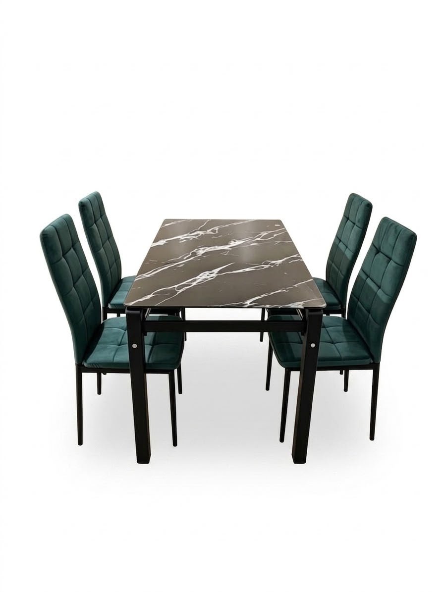 ensemble-de-salle-a-manger-moderne-pour-6-personnes-compose-dune-elegante-table-rectangulaire-avec-un-plateau-effet-marbre-noir-et-de-six-chaises-rembourrees-vert-fonce-8498