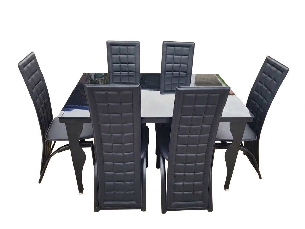 ensemble-table-a-manger-verre-noir-6-chaises-quadrillees-8507