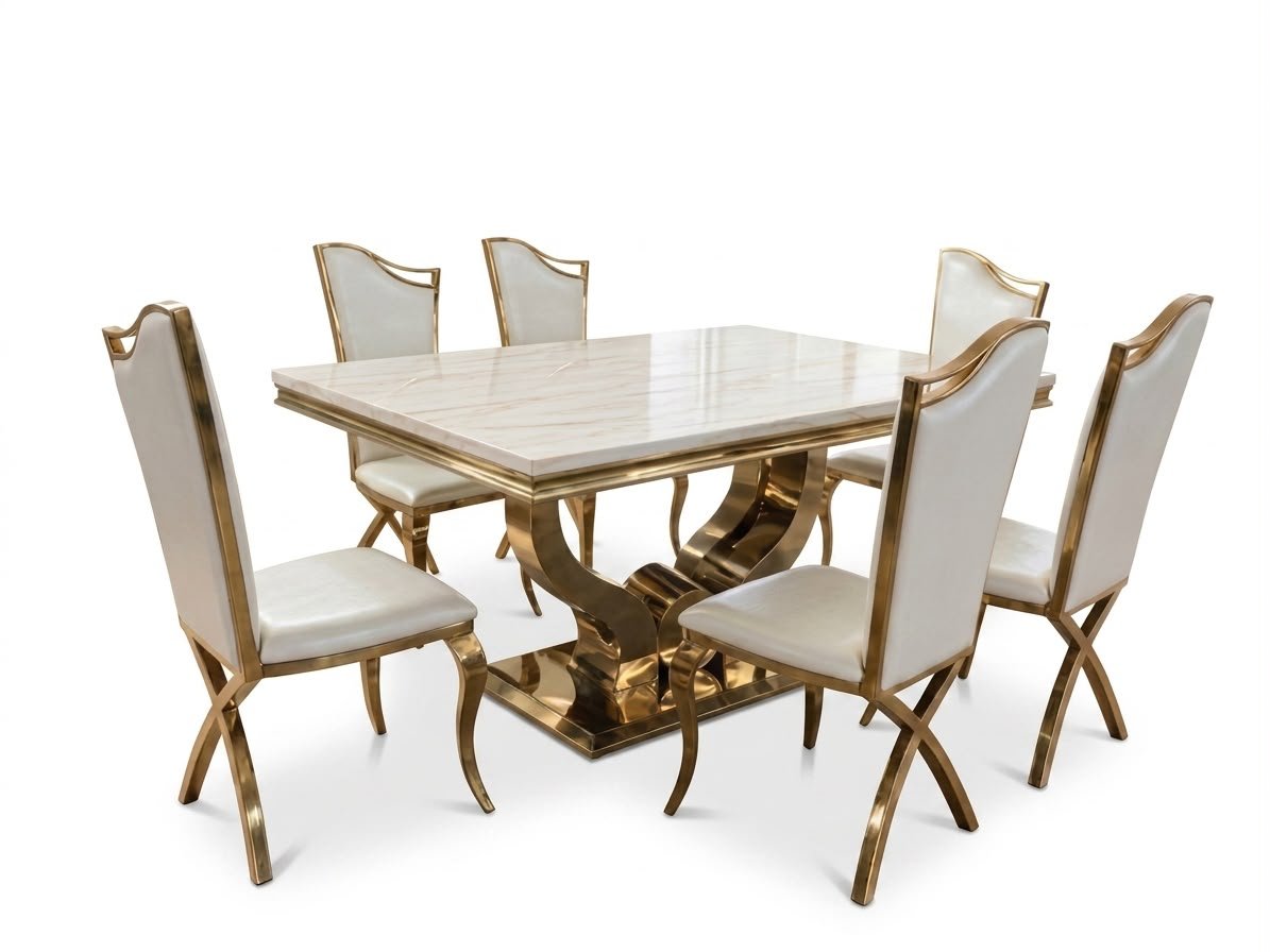 ensemble-table-a-manger-et-6-chaises-marbre-beige-dore-design-sculptural-8511