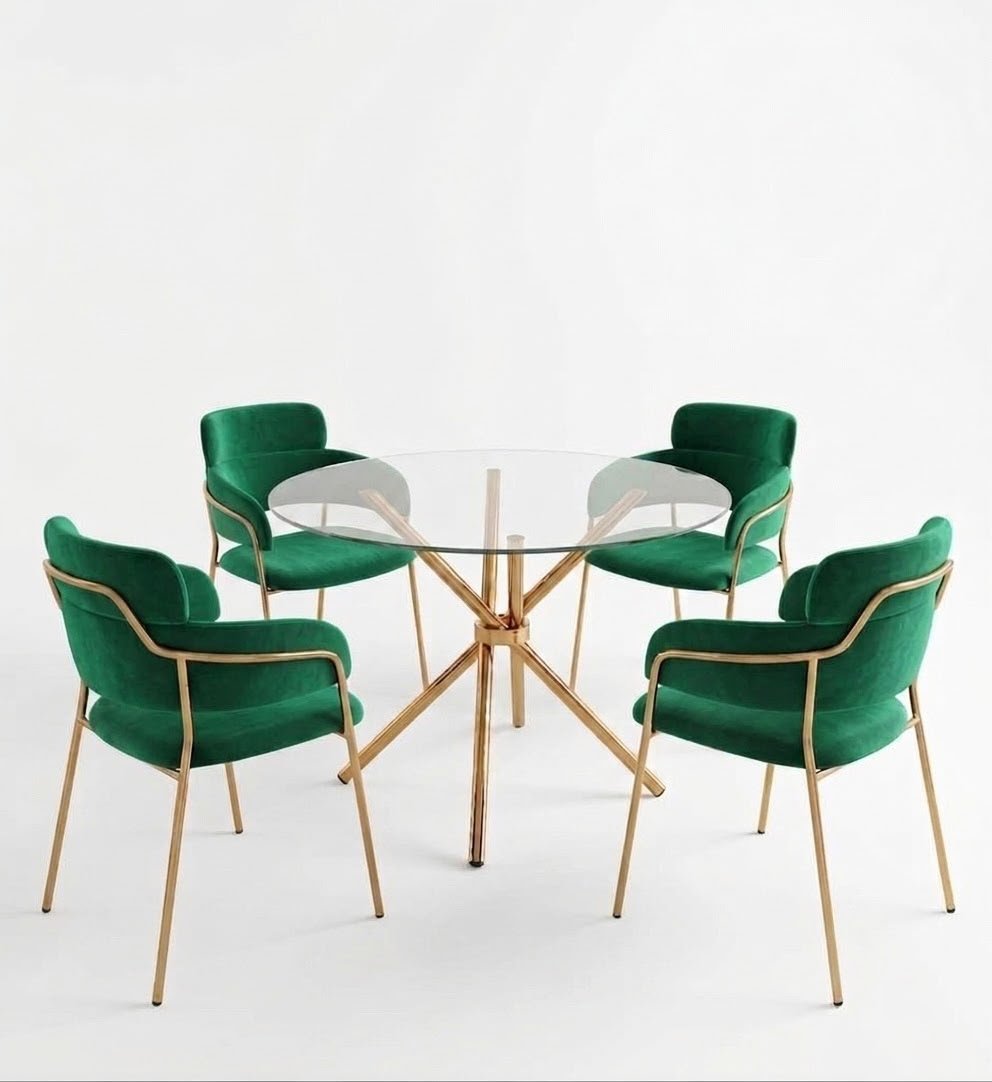 ensemble-table-a-manger-ronde-et-4-chaises-plateau-verre-velours-vert-emeraude-8517