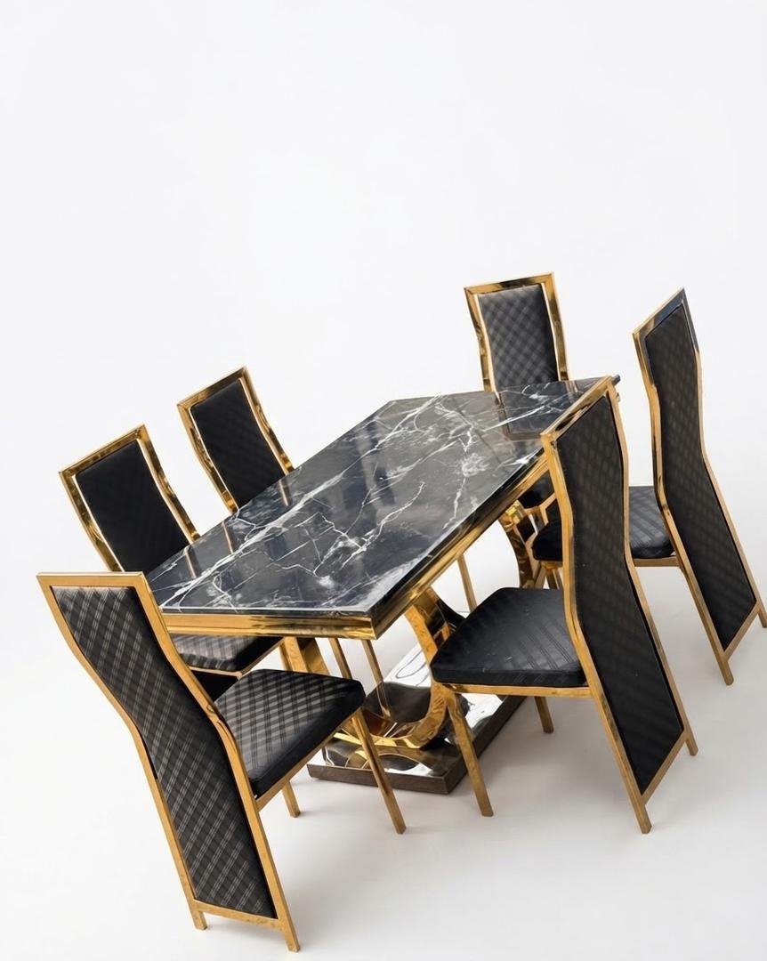 ensemble-table-a-manger-marbre-chaises-ecossaises-bordees-or-6-chaises-8683