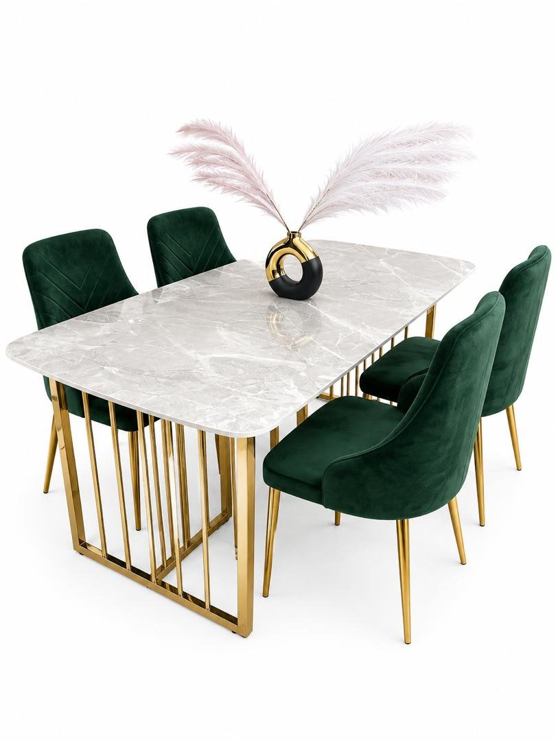 ensemble-table-a-manger-marbre-clair-chaises-velours-vert-dore-4-chaises-8689
