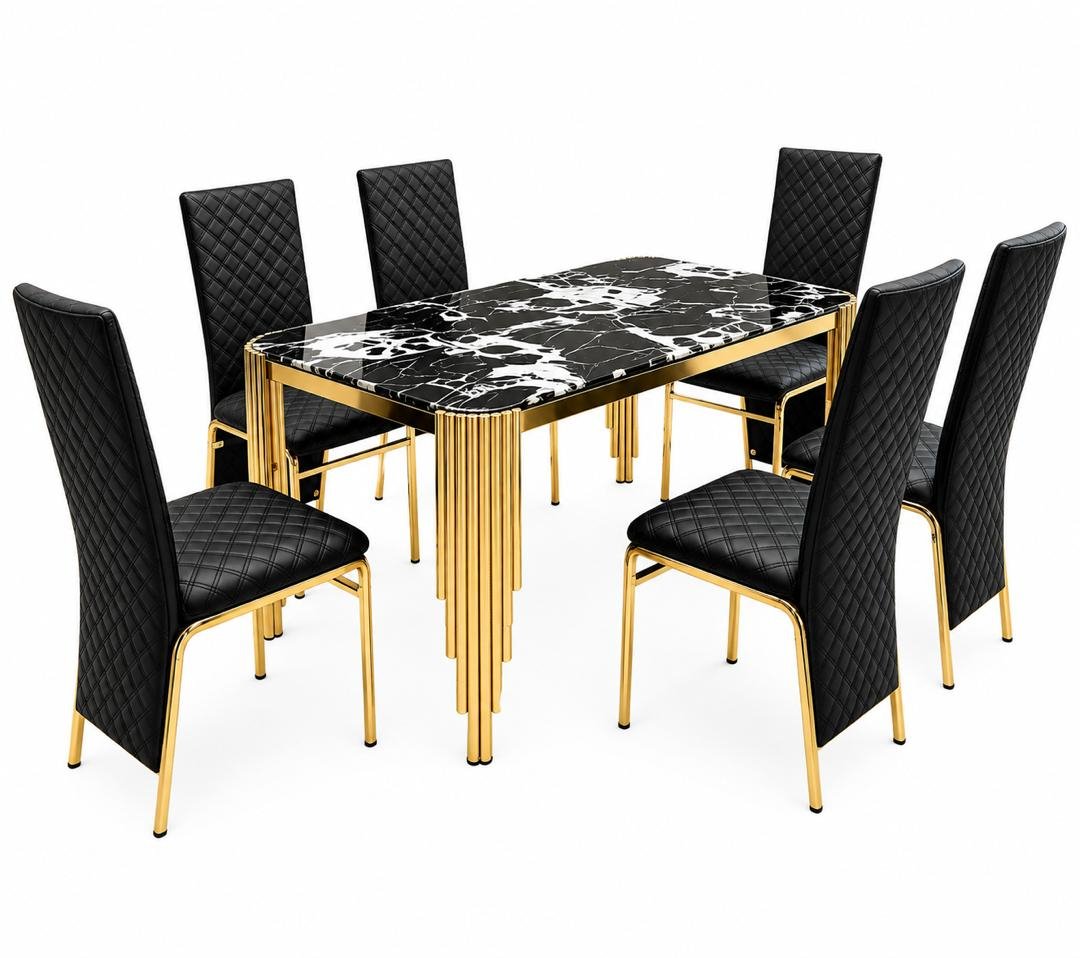 ensemble-table-a-manger-marbre-noir-chaises-matelassees-dorees-6-chaises-8692