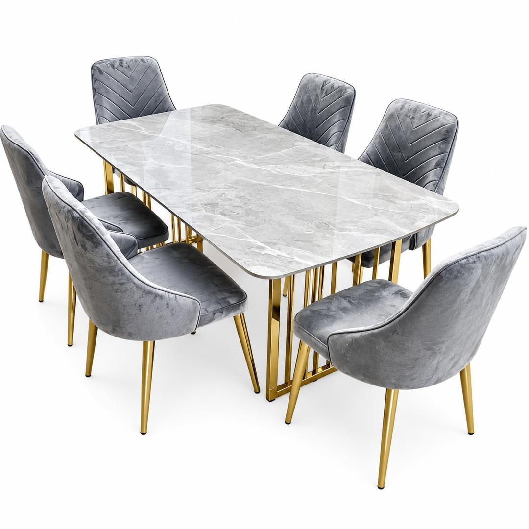 ensemble-table-a-manger-marbre-clair-chaises-velours-gris-dore-6-chaises-8697