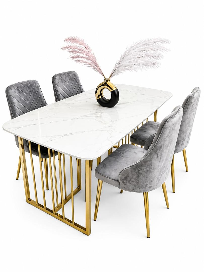 ensemble-table-a-manger-marbre-blanc-chaises-velours-gris-dore-4-chaises-8698