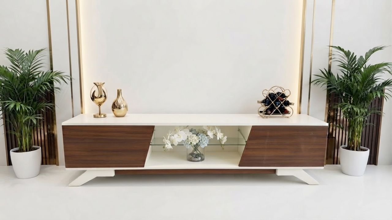 meuble-tv-blanc-bois-brun-avec-niche-vitree-centrale-8742