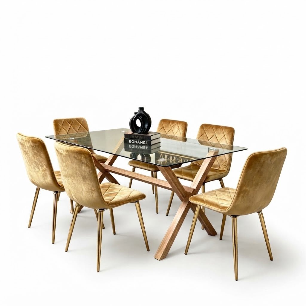 ensemble-table-en-verre-150-x-90-cm-a-pietement-effet-bois-et-6-chaises-en-velours-moutarde-une-salle-a-manger-chaleureuse-et-lumineuse-9057