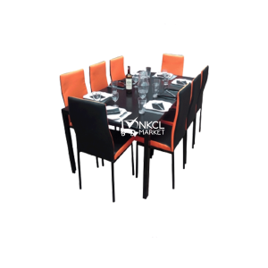 table-à-manger-+-8-chaises-en-cuir-norvégien---verre---fer---noir---orange