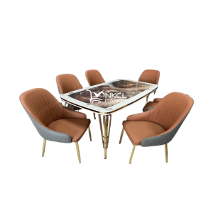 salle-a-mangé-6-places-(-importer)-,-démontable-et-marbrer-+-6-chaises-en-cuir-marron-et-gris,doré-d'or-sur-chaque-bordure