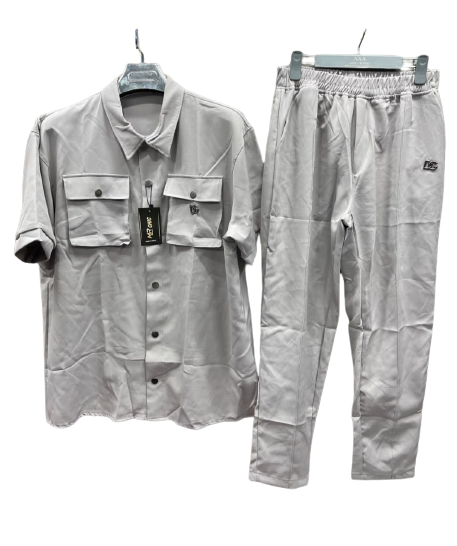 ensemble-chemise-et-pantalon-À-manches-courtes-pour-hommes---gris