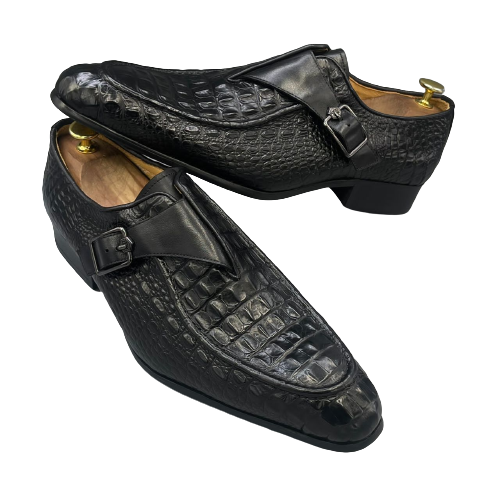 chaussure-classe-crocot-tissé,-noir-avec-boucle-de-ceinture-en-cuir.-pointure-38-46