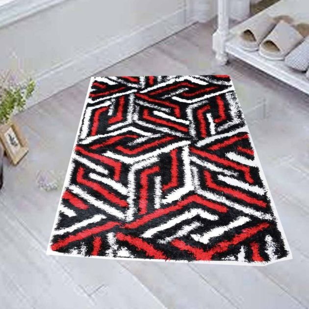 tapis---turkey-shaggy---en-coton---rouge/noir-et-blanc