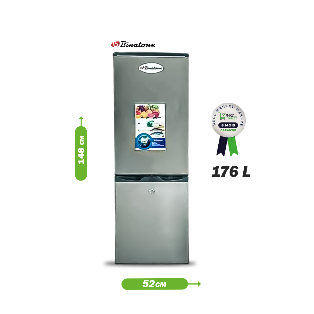 réfrigérateur-combiné-binatone---fr205---capacité-176-litres---2-portes---3-tiroirs---classe-énergétique-t---gris---6-mois-de-garantie