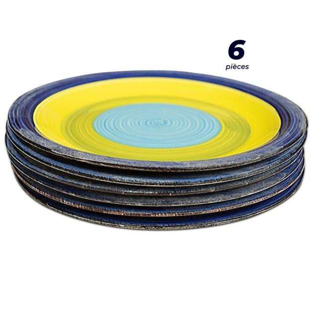 assiettes-rondes---ensemble-de-6-pièces---10.5-assiettes-peintes-à-la-main---bleu-/-jaune