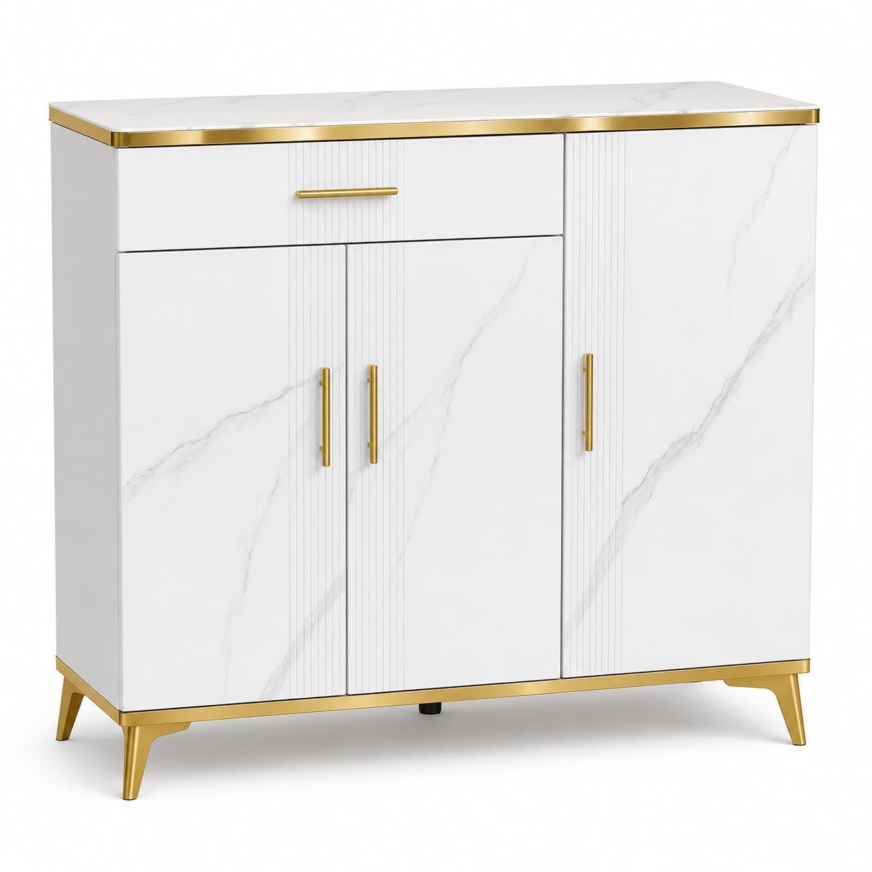 Buffet 3 Portes 1 Tiroir Effet Marbre Blanc et Doré – Style Luxe