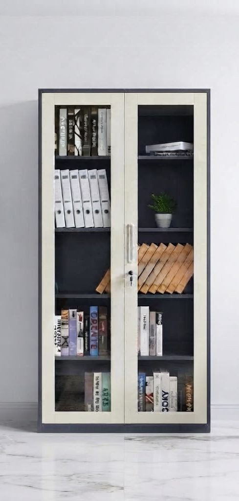 Armoire Bibliothèque Vitrée 2 Portes – Gris & Ivoire